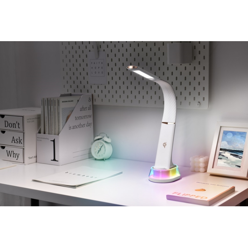 Lámpara de mesa LED RGB regulable con cargador inalámbrico CORELLA LED/7W/12/230V blanco