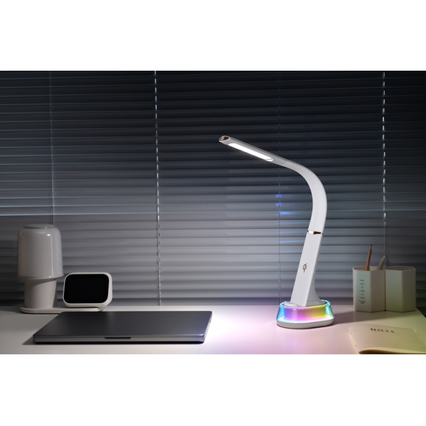 Lámpara de mesa LED RGB regulable con cargador inalámbrico CORELLA LED/7W/12/230V blanco