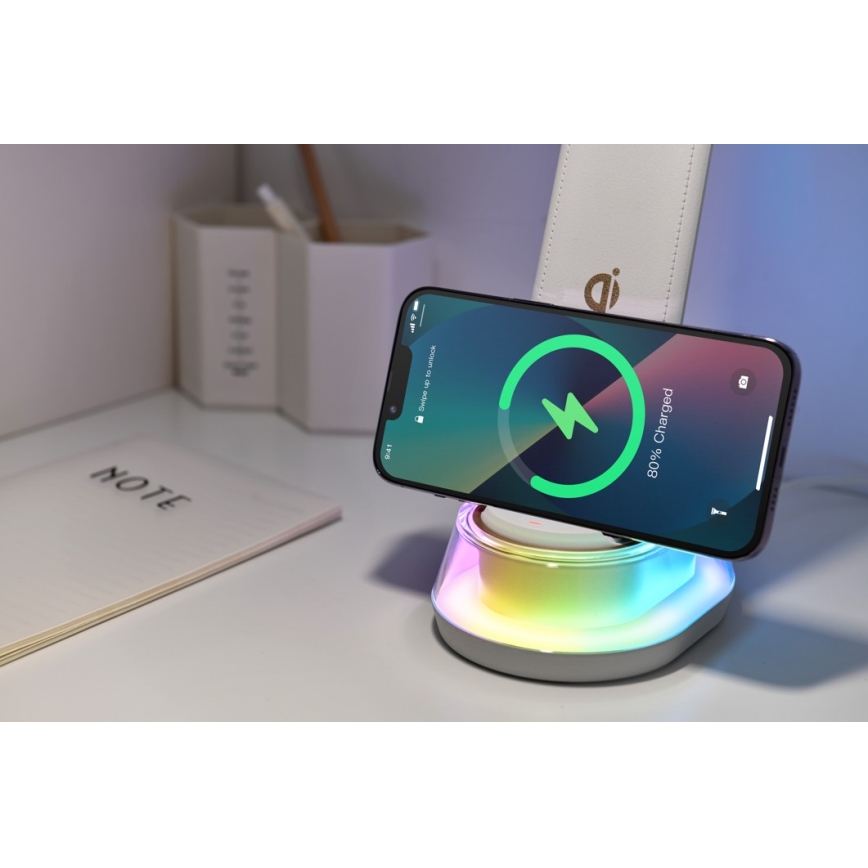 Lámpara de mesa LED RGB regulable con cargador inalámbrico CORELLA LED/7W/12/230V blanco