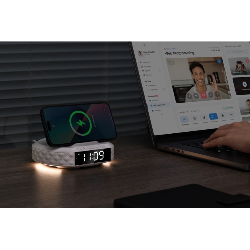 Despertador con pantalla LCD y cargador inalámbrico Qi 27W/9V 220 mAh blanco