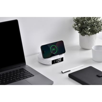 Reloj despertador con pantalla LCD y inalámbrico Qi con cargador 27W/9V 220 mAh blanco