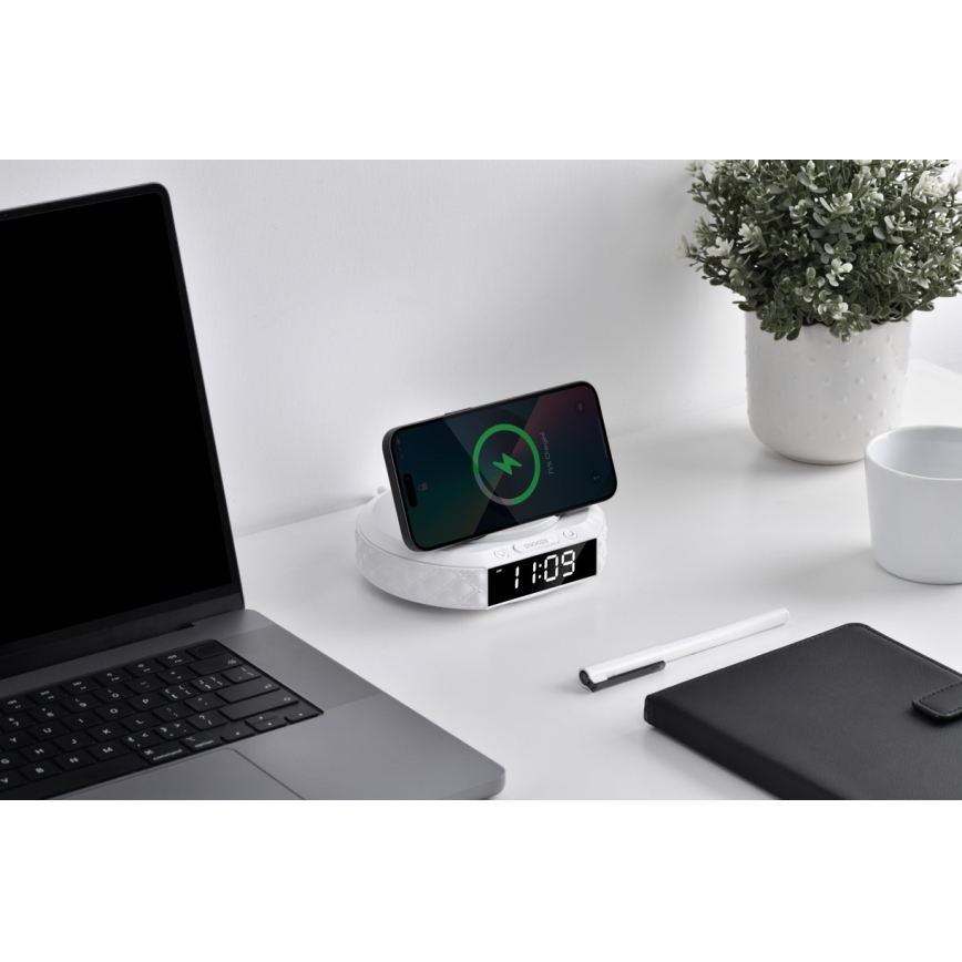Reloj despertador con pantalla LCD y inalámbrico Qi con cargador 27W/9V 220 mAh blanco