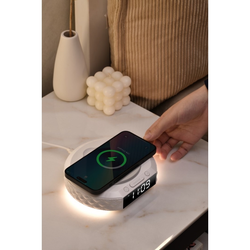 Reloj despertador con pantalla LCD y inalámbrico Qi con cargador 27W/9V 220 mAh blanco