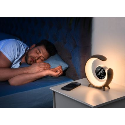 Lámpara de mesa LED RGBW regulable con despertador LED/20W/5V USB plateada