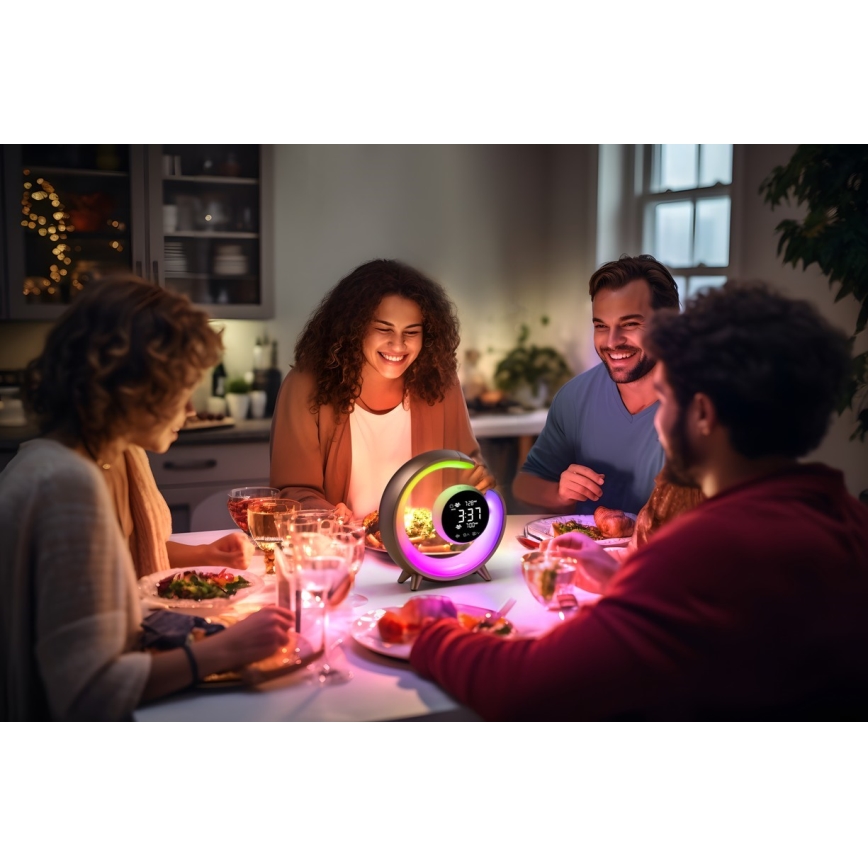 Lámpara de mesa LED RGBW regulable con despertador LED/20W/5V USB plateada