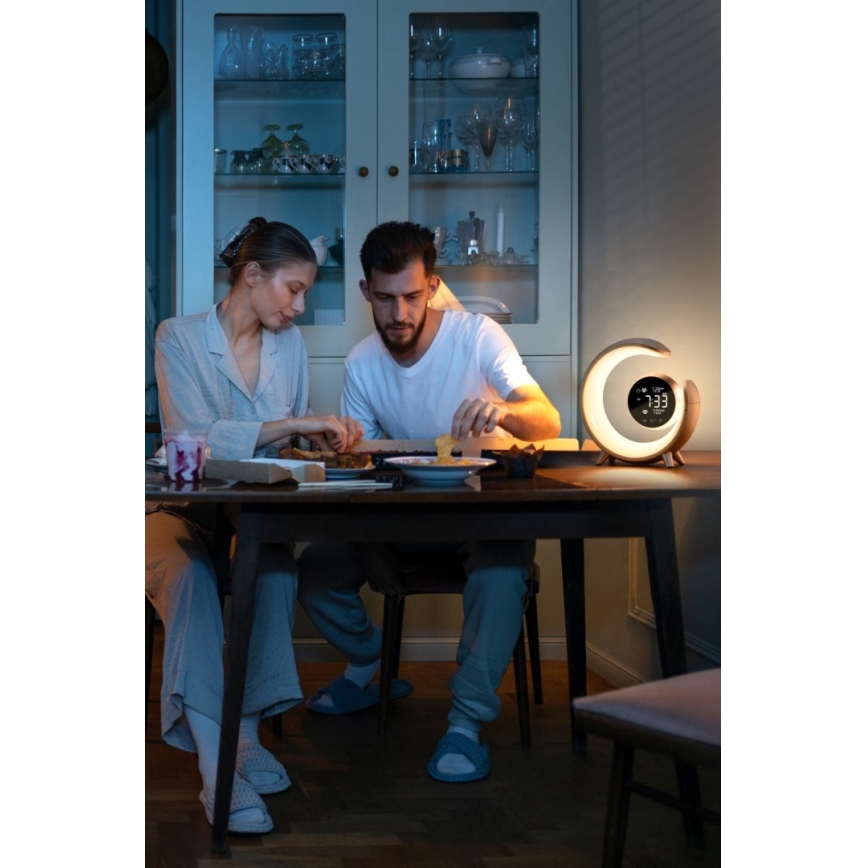 Lámpara de mesa LED RGBW regulable con despertador LED/20W/5V USB plateada