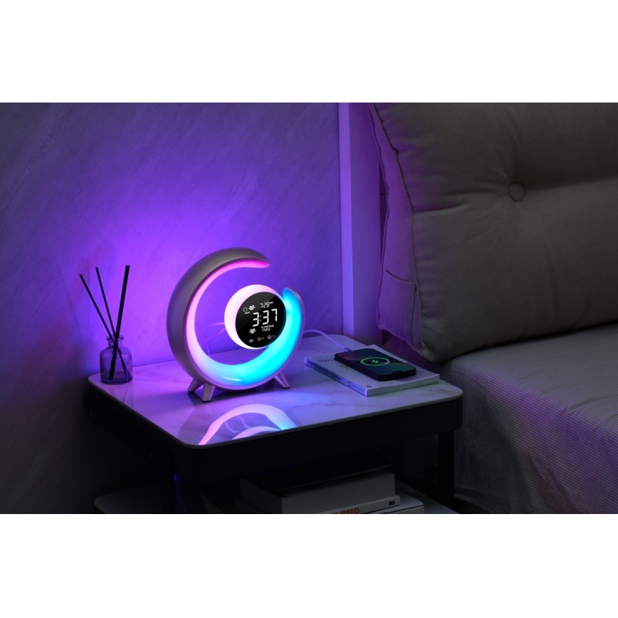 Lámpara de mesa LED RGBW regulable con despertador LED/20W/5V USB plateada
