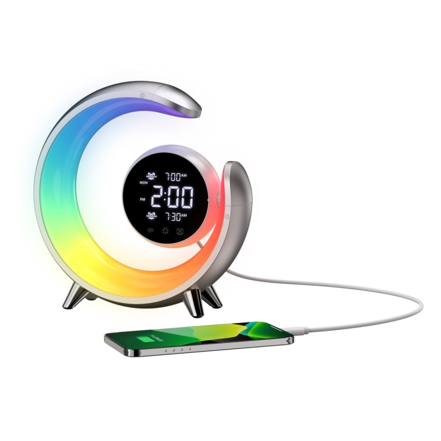 Lámpara de mesa LED RGBW regulable con despertador LED/20W/5V USB plateada