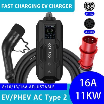 Immax - Estación de carga portátil para vehículos eléctricos EV AC Tipo 2 16A/380V 11kW + enchufe 230V, 3,7kW 5m + funda