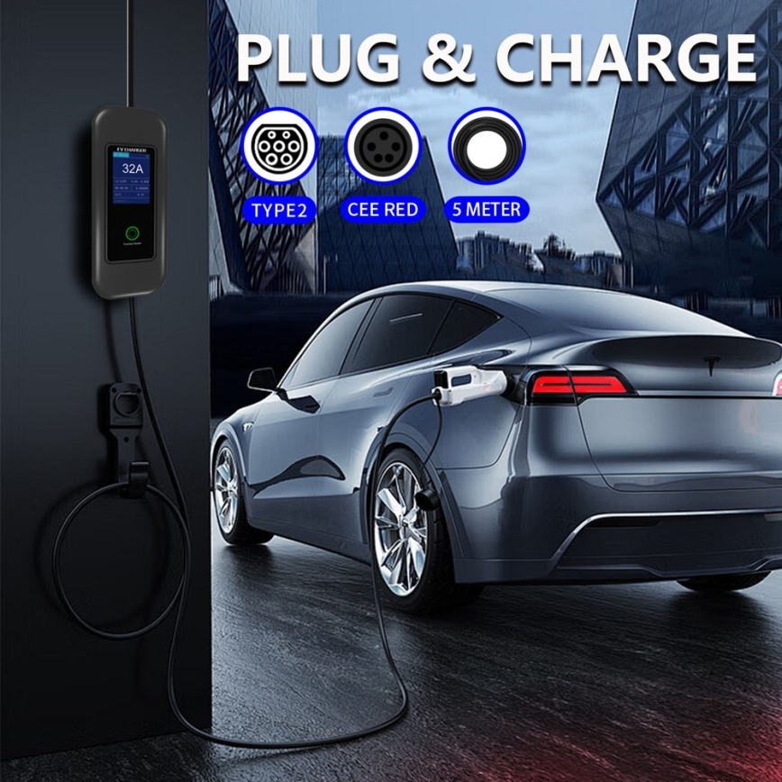 Immax - Estación de carga portátil para vehículos eléctricos EV AC Tipo 2 32A/380V 22kW + enchufe 230V 5m Wi-Fi Tuya