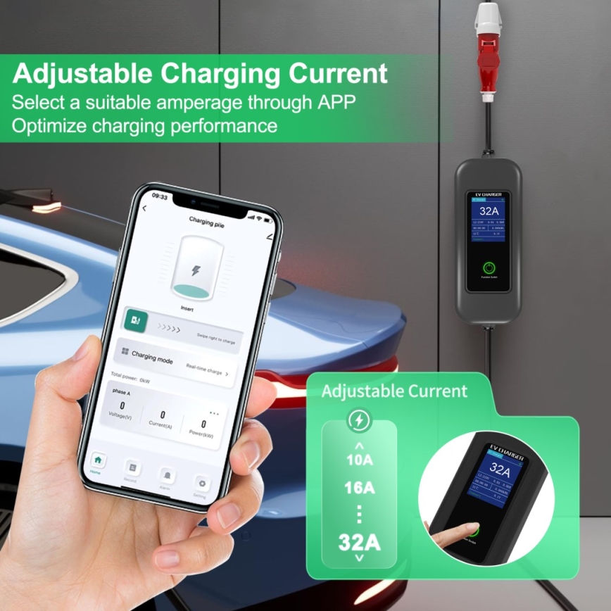 Immax - Estación de carga portátil para vehículos eléctricos EV AC Tipo 2 32A/380V 22kW + enchufe 230V 5m Wi-Fi Tuya