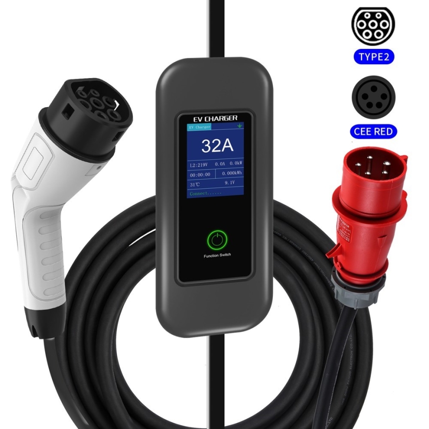 Immax - Estación de carga portátil para vehículos eléctricos EV AC Tipo 2 32A/380V 22kW + enchufe 230V 5m Wi-Fi Tuya