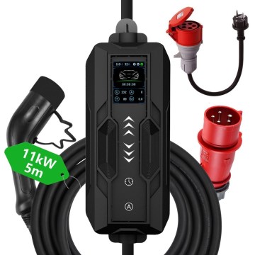 Immax - Estación de carga portátil para vehículos eléctricos EV AC Tipo 2 16A/380V 11kW + enchufe 230V, 3,7kW 5m + funda