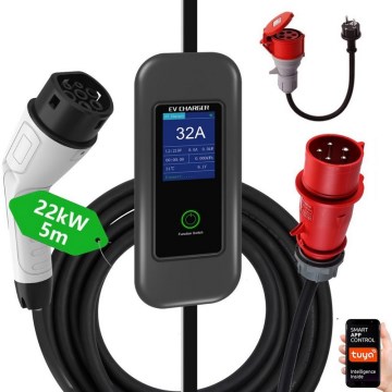 Immax - Estación de carga portátil para vehículos eléctricos EV AC Tipo 2 32A/380V 22kW + enchufe 230V 5m Wi-Fi Tuya