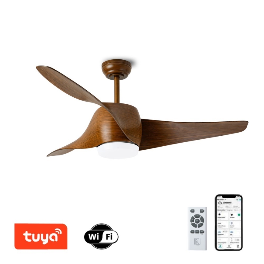 Immax NEO 07286L - Ventilador de techo LED WAVE/18W/230V Wi‑Fi Tuya, marrón Ø 132 cm + mando a distancia