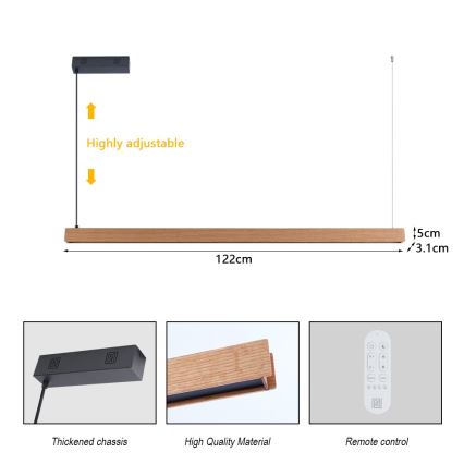 Immax NEO 07303L - Lámpara colgante LED regulable sobre cable MADEIRA LED/26W/230V Wi-Fi Tuya 122 cm roble + mando a distancia