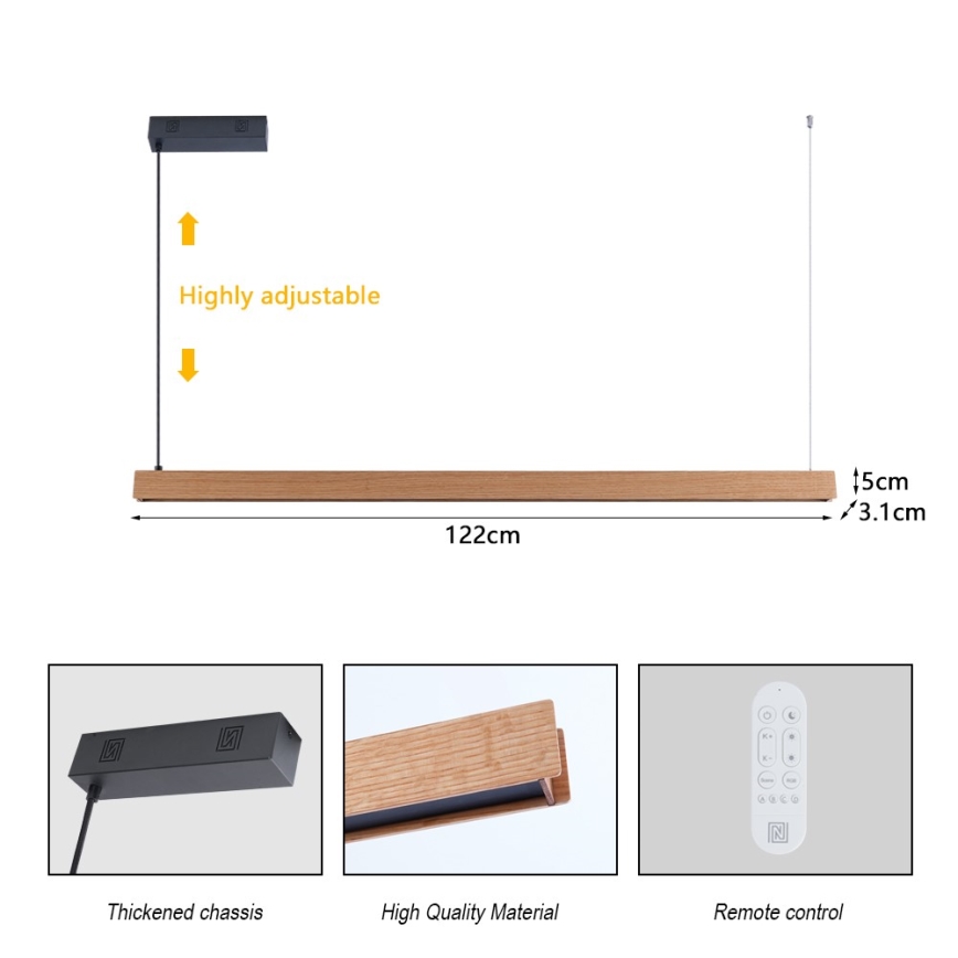 Immax NEO 07303L - Lámpara colgante LED regulable sobre cable MADEIRA LED/26W/230V Wi-Fi Tuya 122 cm roble + mando a distancia