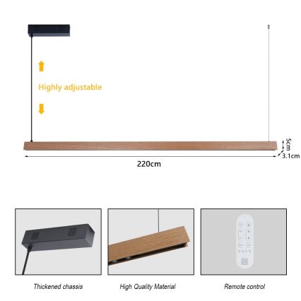 Immax NEO 07305L - Lámpara colgante LED regulable con cable MADEIRA LED/44W/230V Wi‑Fi Tuya 202 cm roble + mando a distancia