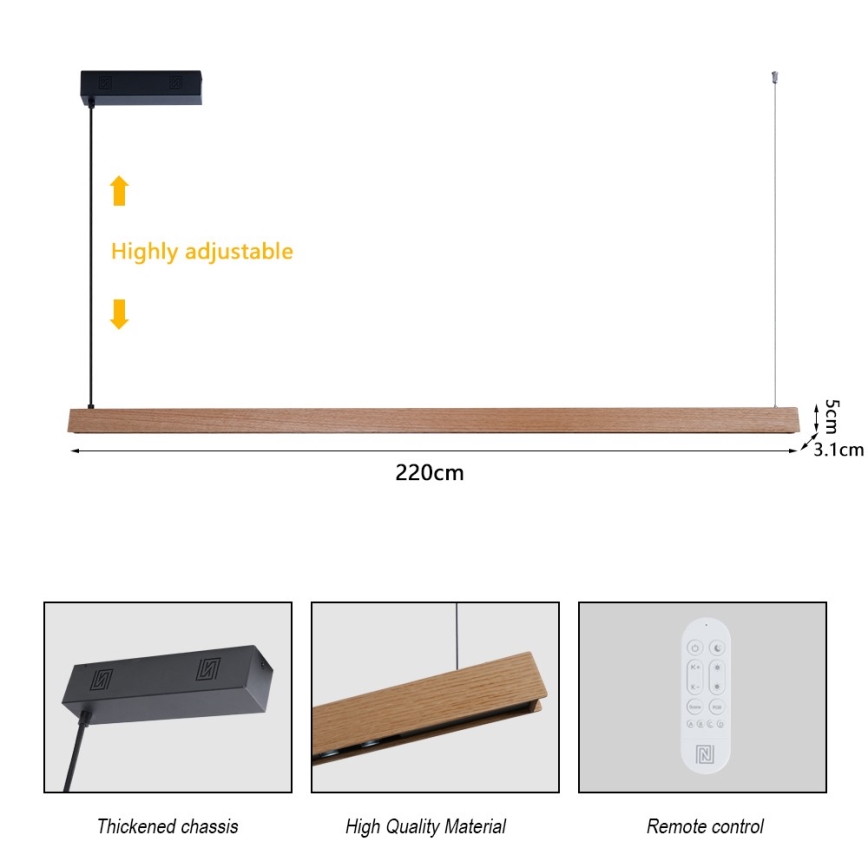Immax NEO 07305L - Lámpara colgante LED regulable con cable MADEIRA LED/44W/230V Wi‑Fi Tuya 202 cm roble + mando a distancia