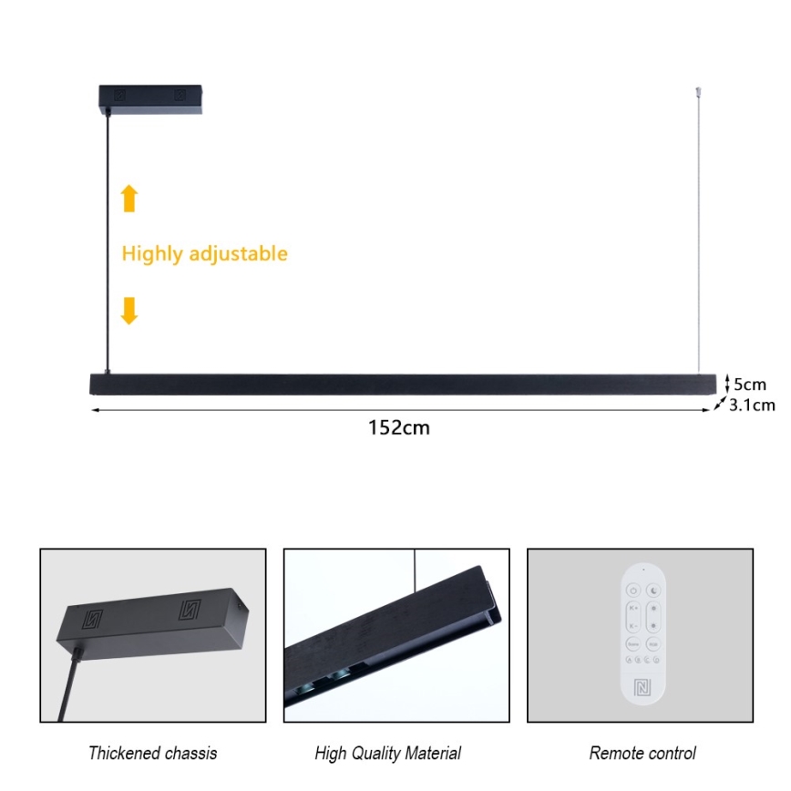 Immax NEO 07307L - Lámpara colgante LED regulable con cable MADEIRA LED/33W/230V Wi-Fi Tuya 152 cm negro + mando a distancia