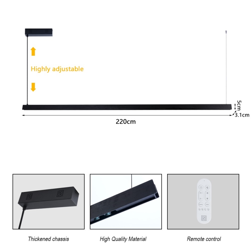 Immax NEO 07308L - Lámpara colgante LED regulable con cable MADEIRA LED/44W/230V Wi-Fi Tuya 202 cm negro + mando a distancia