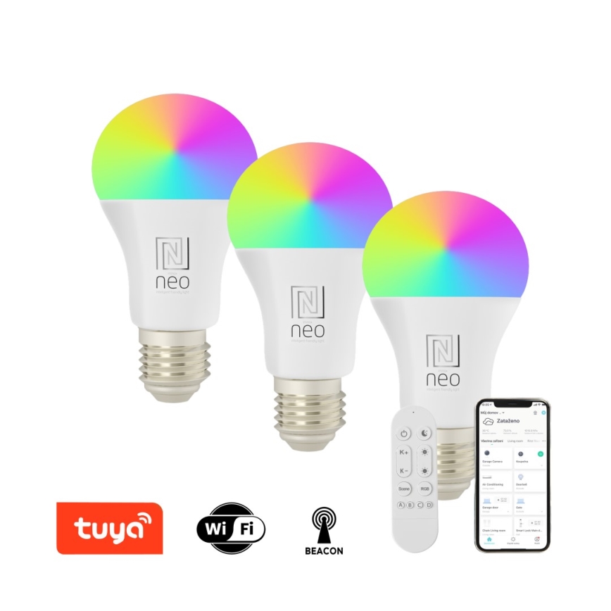 Immax NEO 07712CDO - JUEGO 3x LED RGB+CCT Bombilla regulable E27/9W/230V Wi-Fi Tuya + mando a distancia