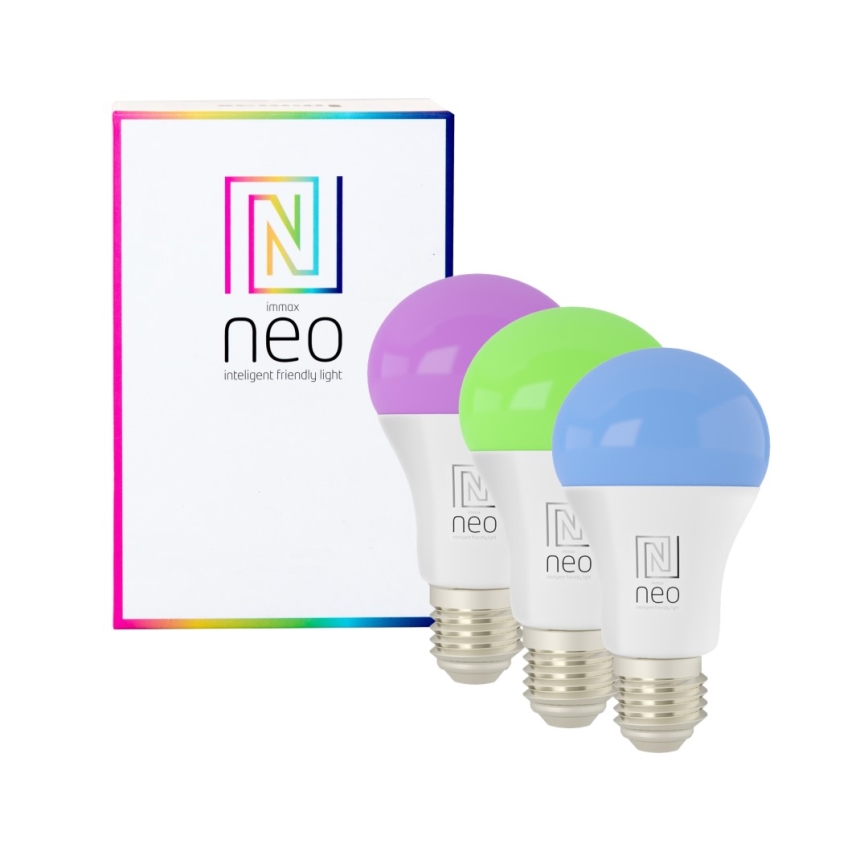 Immax NEO 07712CDO - JUEGO 3x LED RGB+CCT Bombilla regulable E27/9W/230V Wi-Fi Tuya + mando a distancia