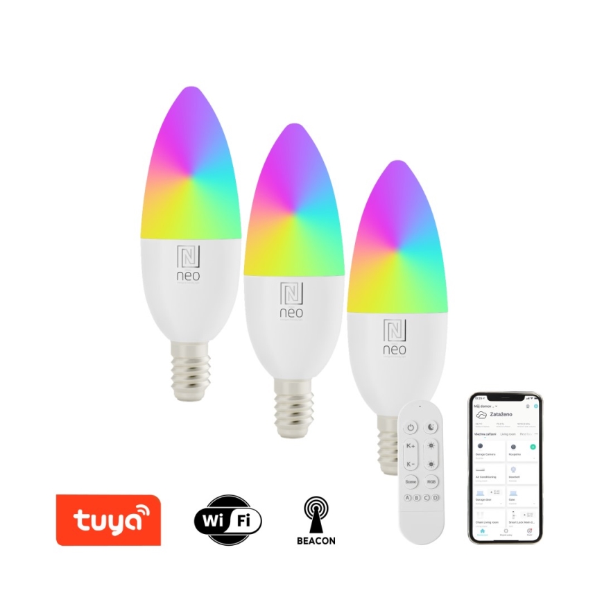 Immax NEO 07716CDO - JUEGO 3x LED RGB+CCT Bombilla regulable E14/6W/230V Wi-Fi Tuya + mando a distancia