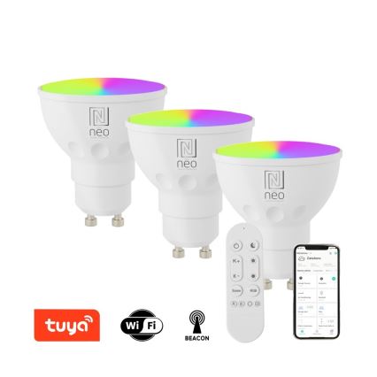 Immax NEO 07724CDO - Pack de 3 bombillas LED RGB+CCT regulables GU10/4,8W/230V 2700-6500K Wi‑Fi Tuya + mando a distancia