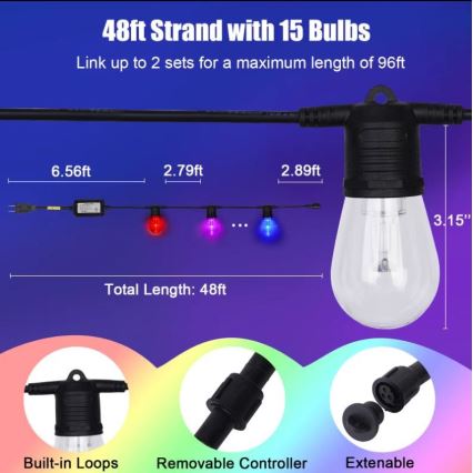 LED RGB+CCT Cadena de exterior regulable GARLAND 15xLED/1W/230V 15m Wi-Fi Tuya IP65 + control remoto