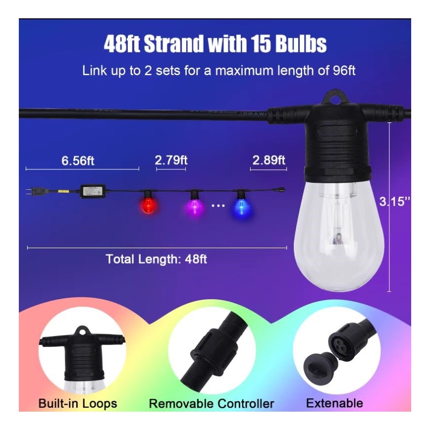 LED RGB+CCT Cadena de exterior regulable GARLAND 15xLED/1W/230V 15m Wi-Fi Tuya IP65 + control remoto