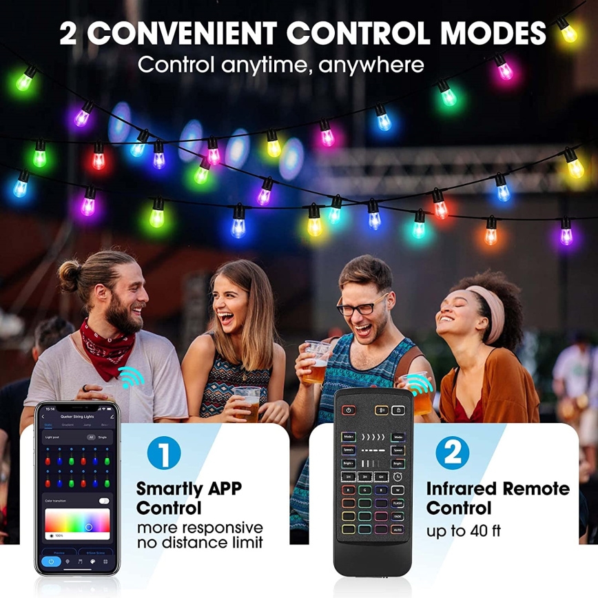 LED RGB+CCT Cadena de exterior regulable GARLAND 15xLED/1W/230V 15m Wi-Fi Tuya IP65 + control remoto
