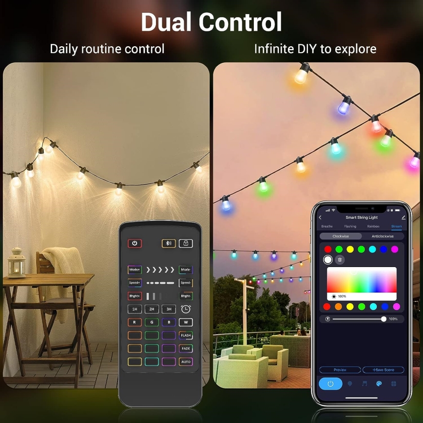 LED RGB+CCT Cadena de exterior regulable GARLAND 15xLED/1W/230V 15m Wi-Fi Tuya IP65 + control remoto
