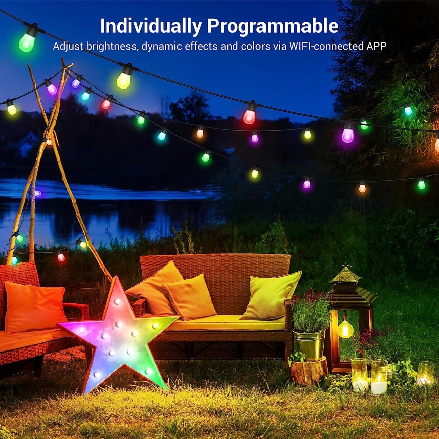 LED RGB+CCT Cadena de exterior regulable GARLAND 15xLED/1W/230V 15m Wi-Fi Tuya IP65 + control remoto