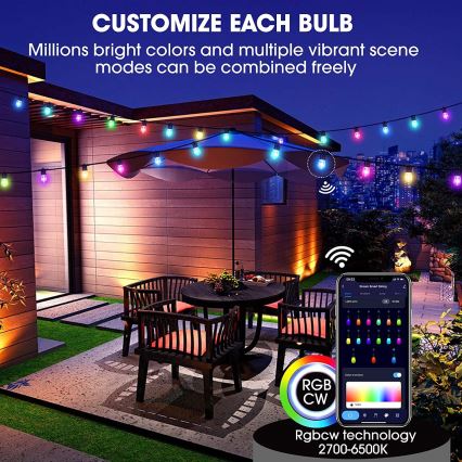 LED RGB+CCT Cadena de exterior regulable GARLAND 15xLED/1W/230V 15m Wi-Fi Tuya IP65 + control remoto