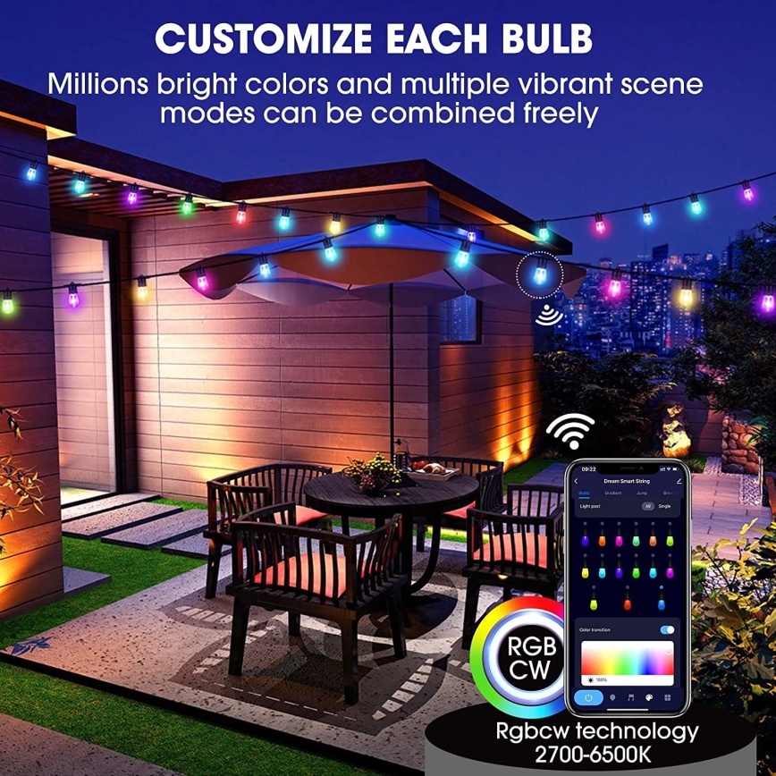 LED RGB+CCT Cadena de exterior regulable GARLAND 15xLED/1W/230V 15m Wi-Fi Tuya IP65 + control remoto