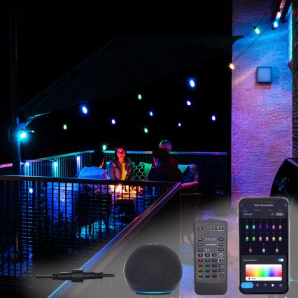 LED RGB+CCT Cadena de exterior regulable GARLAND 15xLED/1W/230V 15m Wi-Fi Tuya IP65 + control remoto