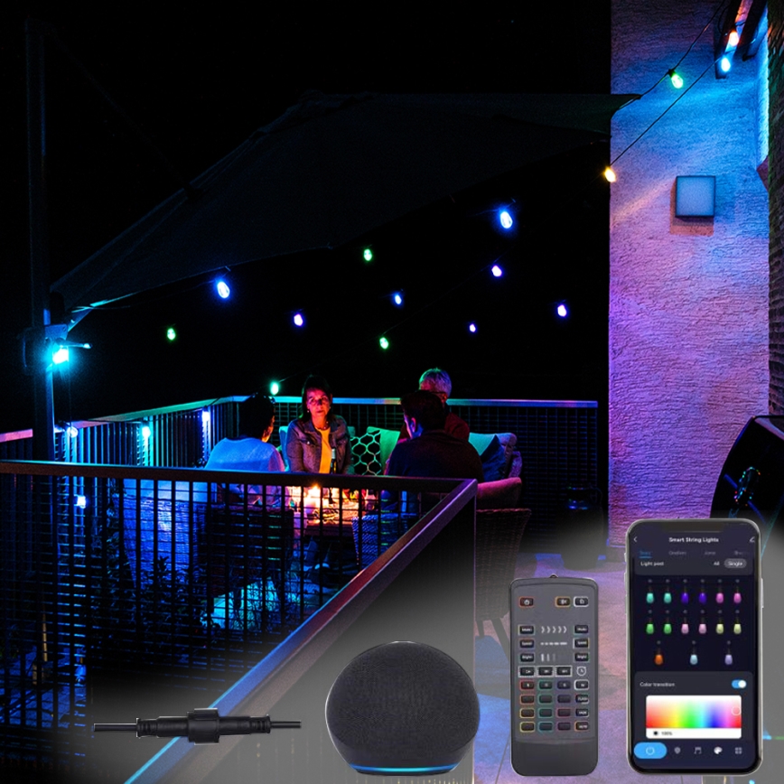 LED RGB+CCT Cadena de exterior regulable GARLAND 15xLED/1W/230V 15m Wi-Fi Tuya IP65 + control remoto