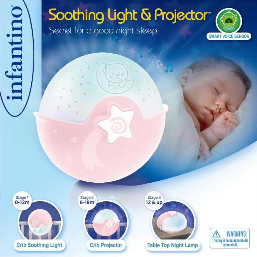 Infantino - Lámpara para bebés con proyector 3xAA rosa