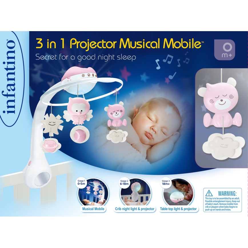 Infantino - Carrusel musical 3 en 1 para cuna con melodías, 3xAAA, rosa