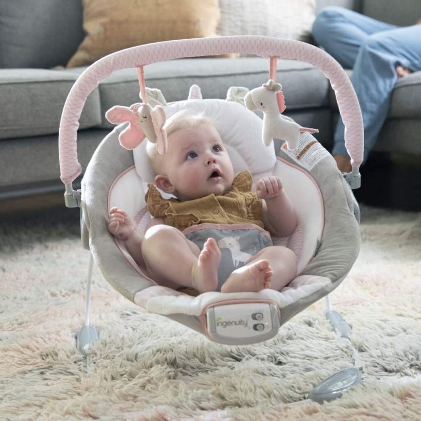 Ingenuity - Tumbona vibradora para bebés con melodía FLORA THE UNICORN 3xC