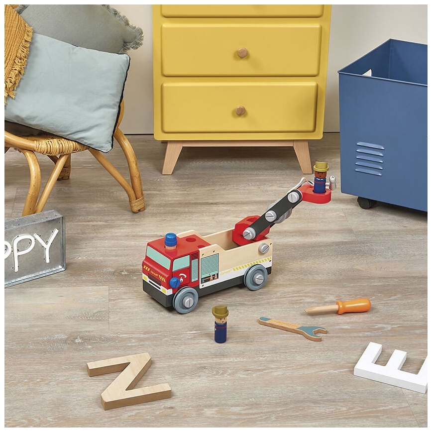 Janod - Juego de construcción de madera BRICOKIDS camión de bomberos