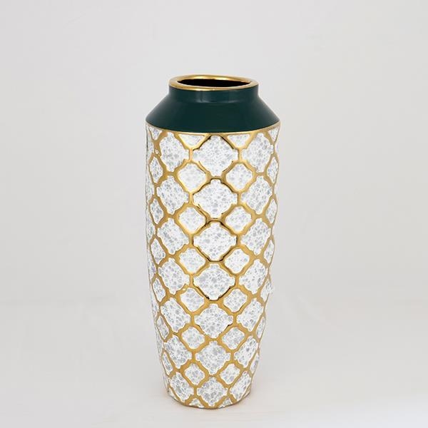 Jarrón de ceramica 31x12,5 cm blanco/dorado/verde
