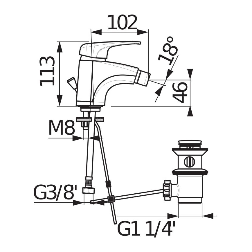 JIKA H3411U10041111 - Grifo de bidé + desagüe sin rebosadero DEEP 11,3 cm cromo brillante