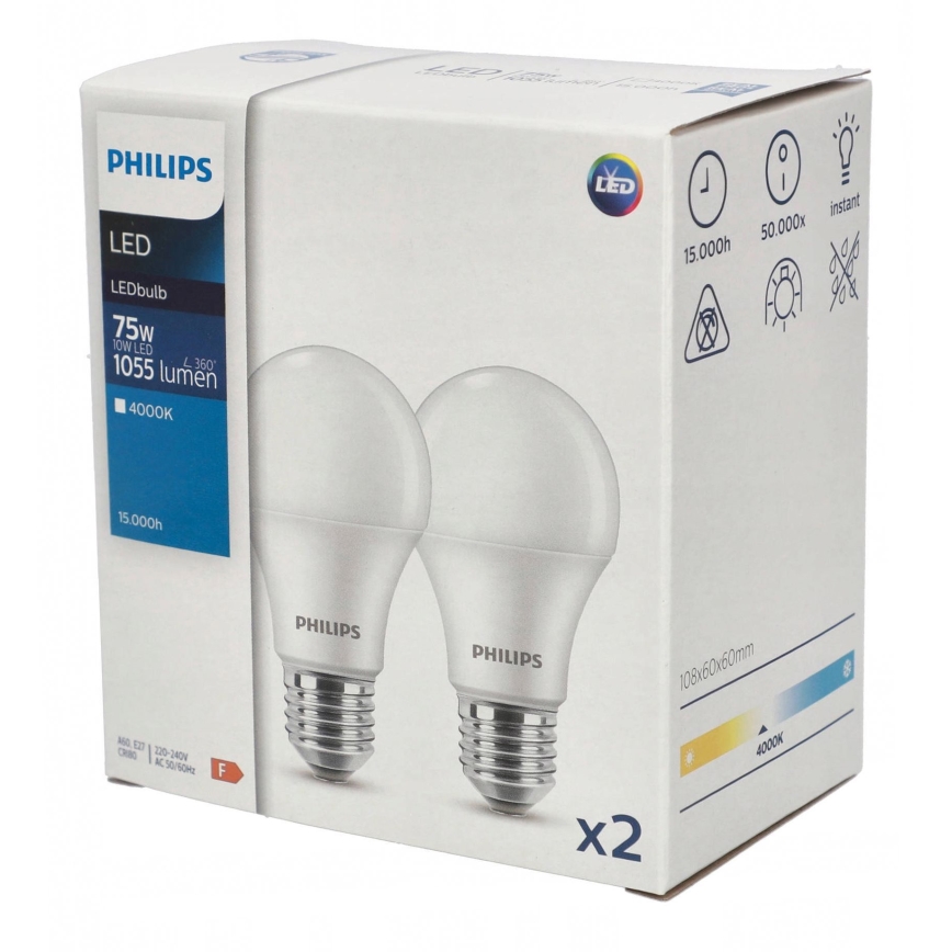JUEGO 2x Bombilla LED Philips A60 E27/10W/230V 4000K