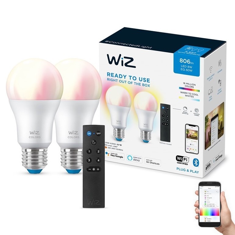 JUEGO 2x Bombilla LED RGBW regulable A60 E27/8,5W/230V 2200-6500K Wi-Fi + control remoto - WiZ