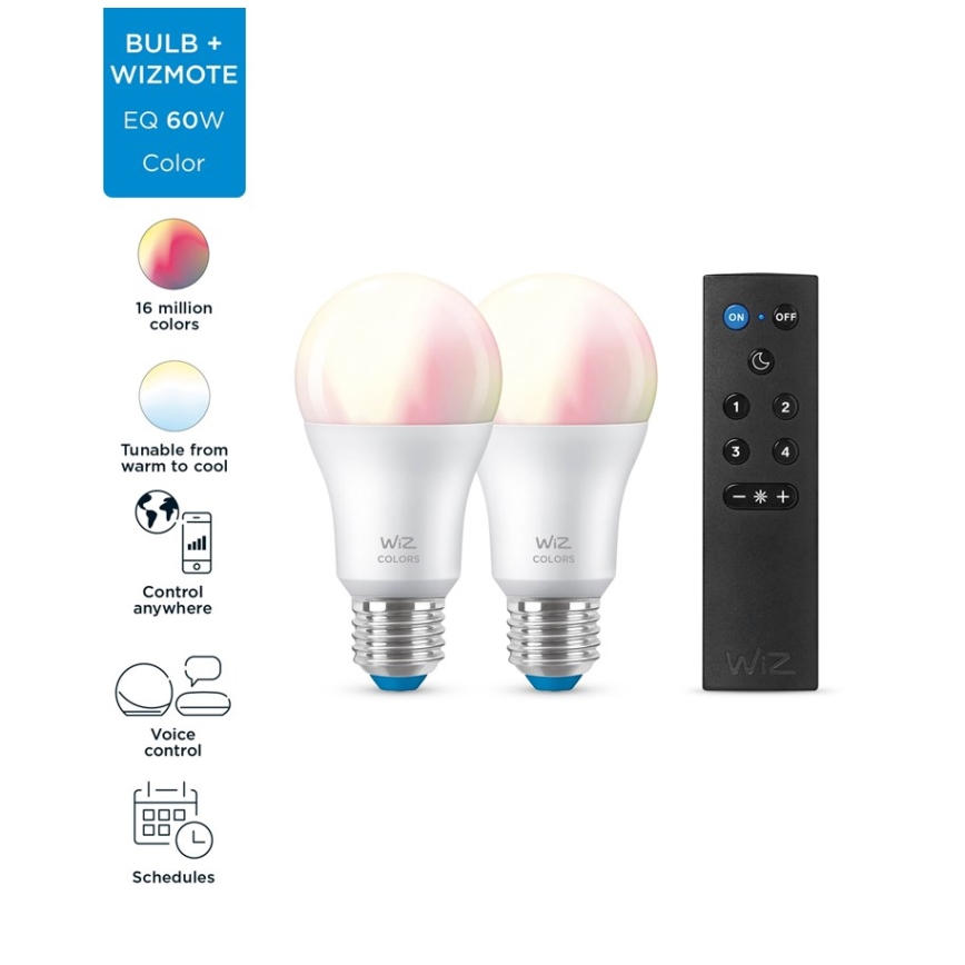 JUEGO 2x Bombilla LED RGBW regulable A60 E27/8,5W/230V 2200-6500K Wi-Fi + control remoto - WiZ