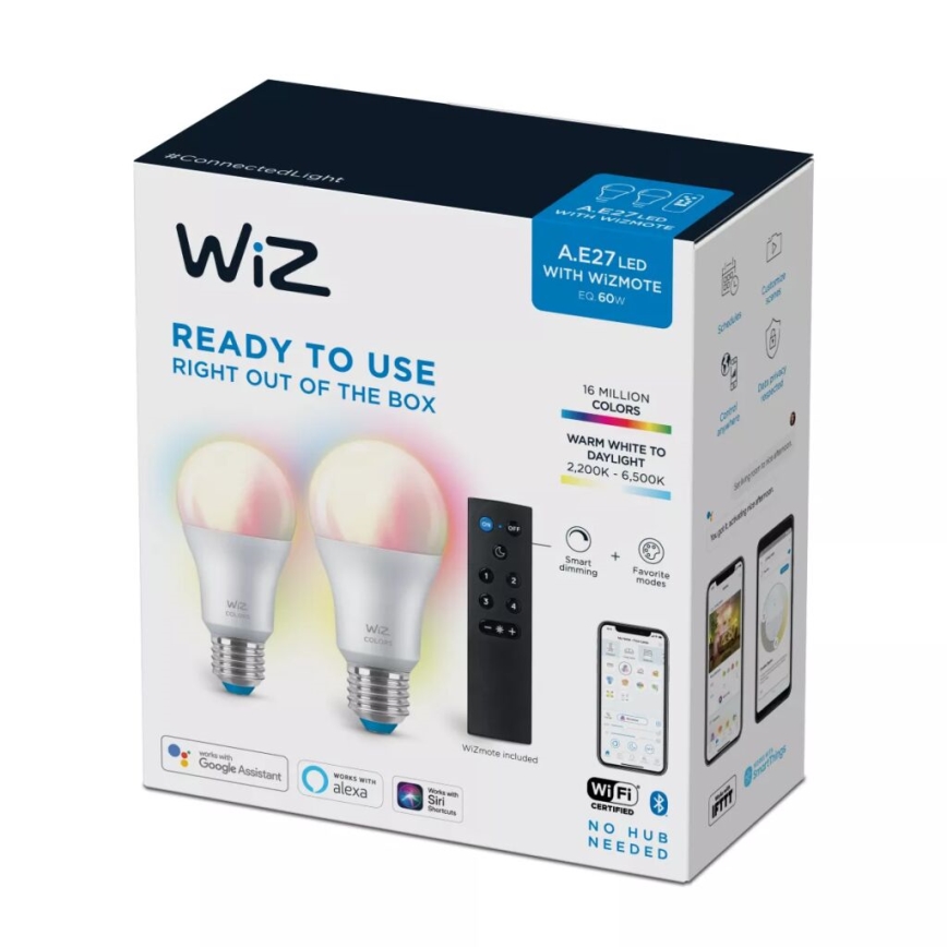 JUEGO 2x Bombilla LED RGBW regulable A60 E27/8,5W/230V 2200-6500K Wi-Fi + control remoto - WiZ