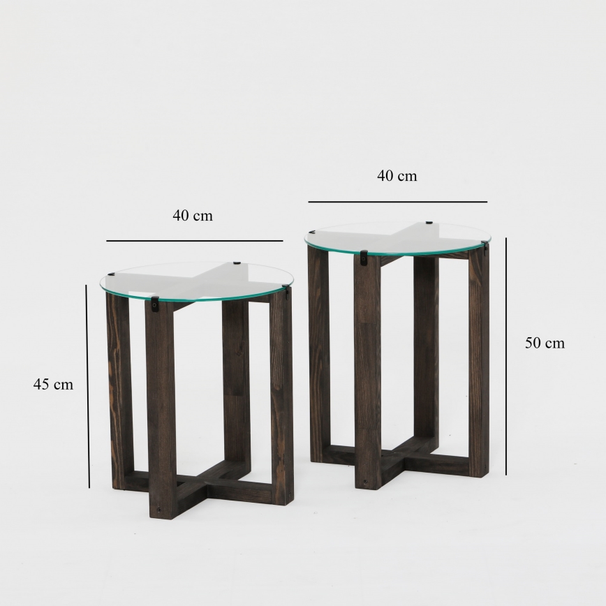 JUEGO 2x Mesa auxiliar AMALFI diá. 40 cm pino/transparente