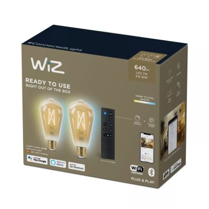 JUEGO 2x Bombilla LED regulable ST64 E27/7W/230V 2000-5000K CRI 90 Wi-Fi + control remoto - WiZ